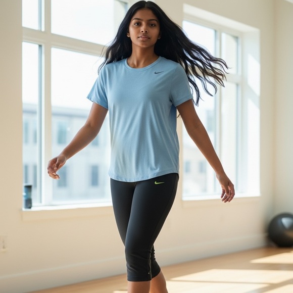 Nike Pants - Nike Women’s Black and Blue Leggings with Light Blue Short Sleeve Top